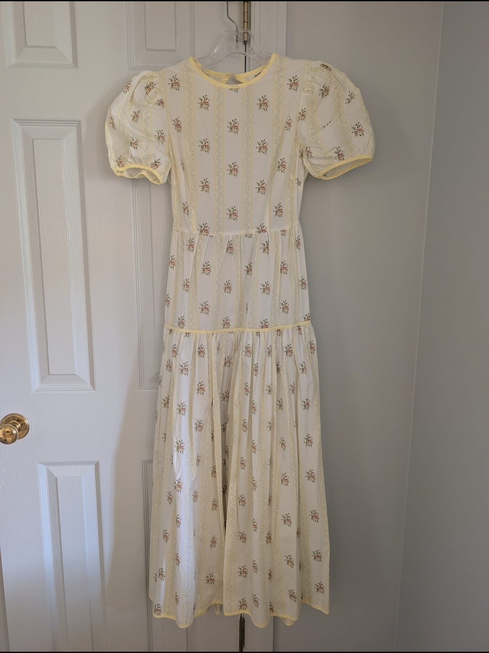 Cream Floral Puff Sleeve Midi Dress with Yellow Trim